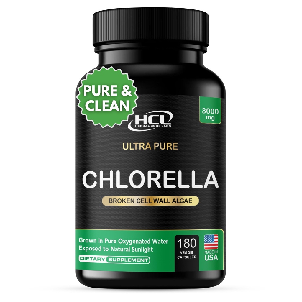 Capsules de Chlorella 3000 mg - Supplément d'algues vertes bleues pour cellules craquées - Meilleur nettoyage naturel du détox - Vitamines végétales Minéraux Pilules en poudre de chlorophylle végétalienne - Fabriqué aux États-Unis