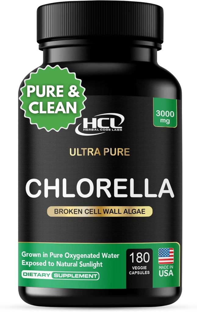 Capsules de Chlorella 3000 mg - Supplément d'algues vertes bleues pour cellules craquées - Meilleur nettoyage naturel du détox - Vitamines végétales Minéraux Pilules en poudre de chlorophylle végétalienne - Fabriqué aux États-Unis