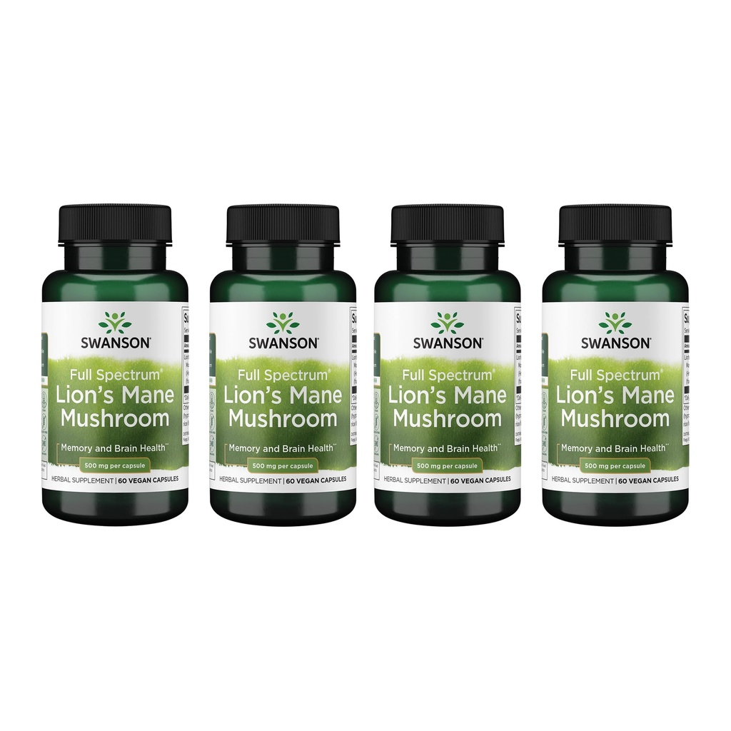 Swanson Full Spectrum Lion's Mane Mushroom - Supplément santé cérébrale pour soutenir la mémoire, la concentration et la clarté* - Peut également aider la santé immunitaire, cardiaque et digestive - sans gluten et sans OGM - 60 capsules (4 pack)