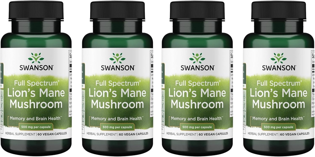 Swanson Full Spectrum Lion's Mane Mushroom - Supplément santé cérébrale pour soutenir la mémoire, la concentration et la clarté* - Peut également aider la santé immunitaire, cardiaque et digestive - sans gluten et sans OGM - 60 capsules (4 pack)