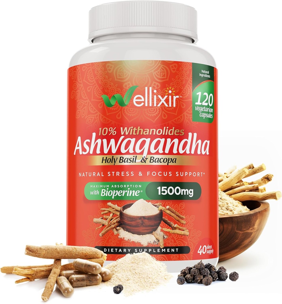 Capsules Ashwagandha - 10% Withanolides, extrait de poudre de racine, supplément à base de plantes pour aider à soutenir un soulagement du stress naturel, sommeil, focus - 1500mg, pour les hommes et les femmes -120 Compte