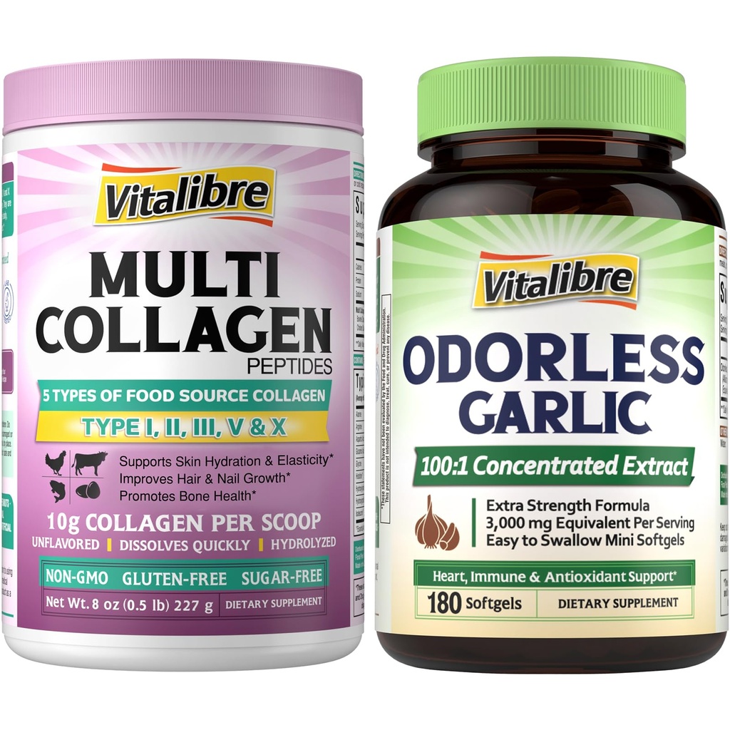 Vitalibre Odorless Garlic, Extra Strength 100:1 Extract, Heart & Immunity, Antioxidant Defense, 180 Softgels, and Multi Collagen Peptides Powder Type I II III V X, 8oz
