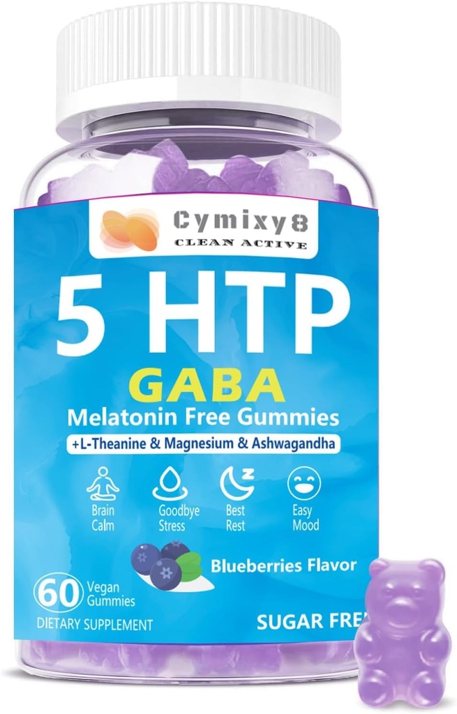 Mélange de Gommies GABA 5-HTP 1700mg, Gommies Calmes sans sucre avec L Theanine, Magnésium, Ashwagandha, Omega-3-6-9, Vitamine D3,B6 pour Zzz naturelles, Mood, Cerveau-Calme, Blueberry Flavor 60Count