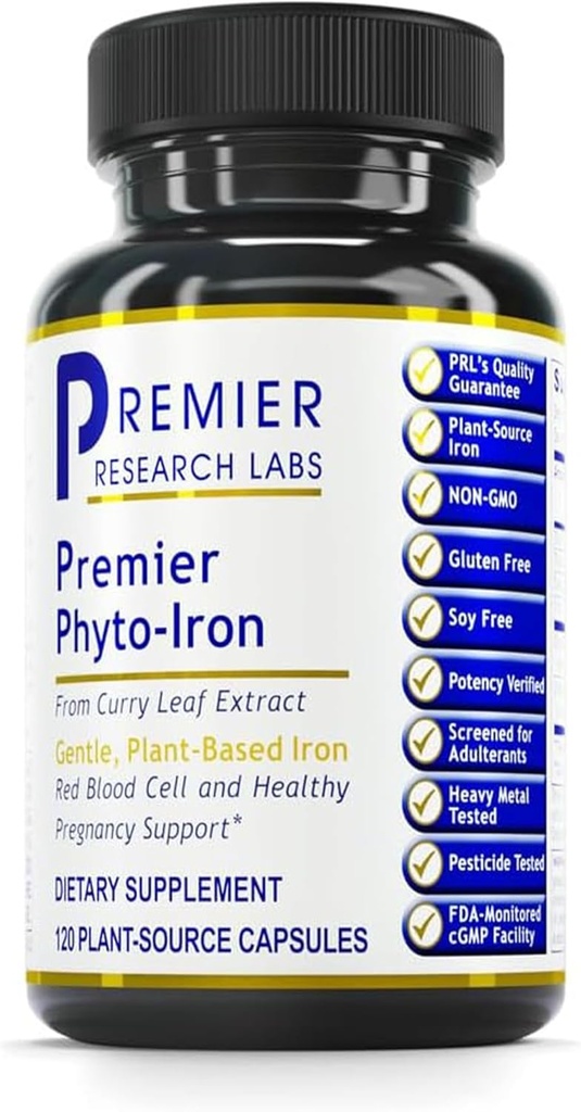 Premier Research Labs Phyto-Iron - Fer à base de plantes pour hommes et femmes pour le soutien du sang, Supplément de feuilles de curry, Suppléments de fer, Fer non-hémé, 18mg Fer par portion - 120 Capsules végétariennes