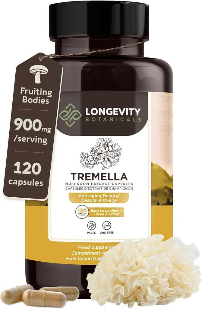 Organic Tremella Mushroom Capsules Supplement (120) | Fruiting Body 10:1 High Strength Snow Fungus Extract | 10% Beta-D Glucans | 9,000mg Raw Equivalent Per Serving | Skin Hydration & Brain Support
