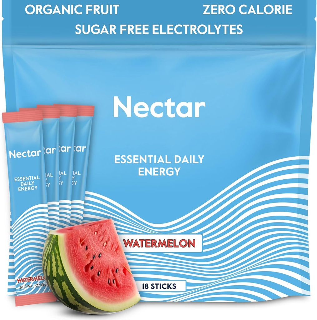Booster d'énergie Nectar - Caféine biologique, B12 & Electrolytes - Sans sucre et sans calories – Café sain, boisson énergétique et substitut de soude – hydratation et supplément énergétique (Watermelon 18 Packets)