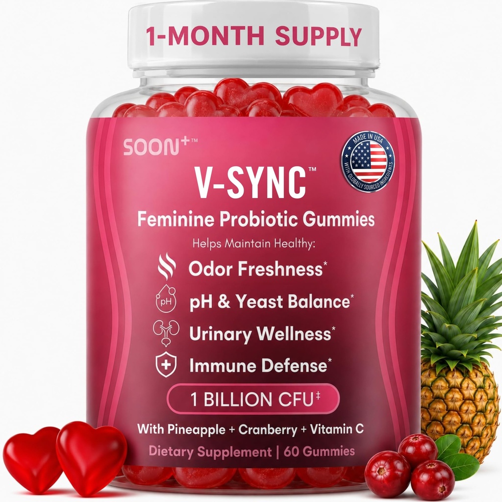 SOON+ Feminine Balance Gummies for Women, V-Sync Pineapple Probiotics for pH Balance Support * Vaginal, Urinary, Immune, Digestive Wellness * with Bacillus Coagulans, Cranberry, Vitamin C, 60 Gummies