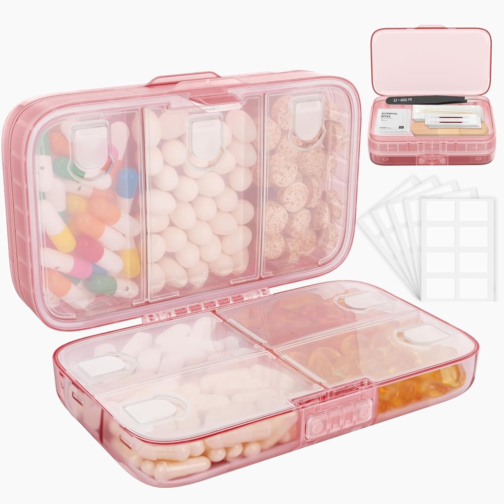 FYY Weekly Pill Organizer with Labels,8 Compartments Travel Daily Pill Case Airtight Moistureproof Large Pill Box to Hold Vitamins, Fish Oil, Supplements,Cotton Swab and Bandages-Pink