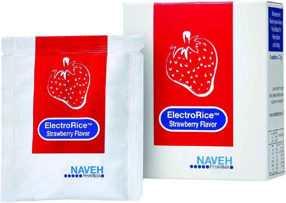 NAVEH PHARMA ElectroRice Anti-déshydratation Utilisation de suppléments électrolytiques pendant les épisodes de diarrhée et de vomissement, prévention orale naturelle de la déshydratation à base de riz pour les enfants et les adultes, 5 fraises aromatisées