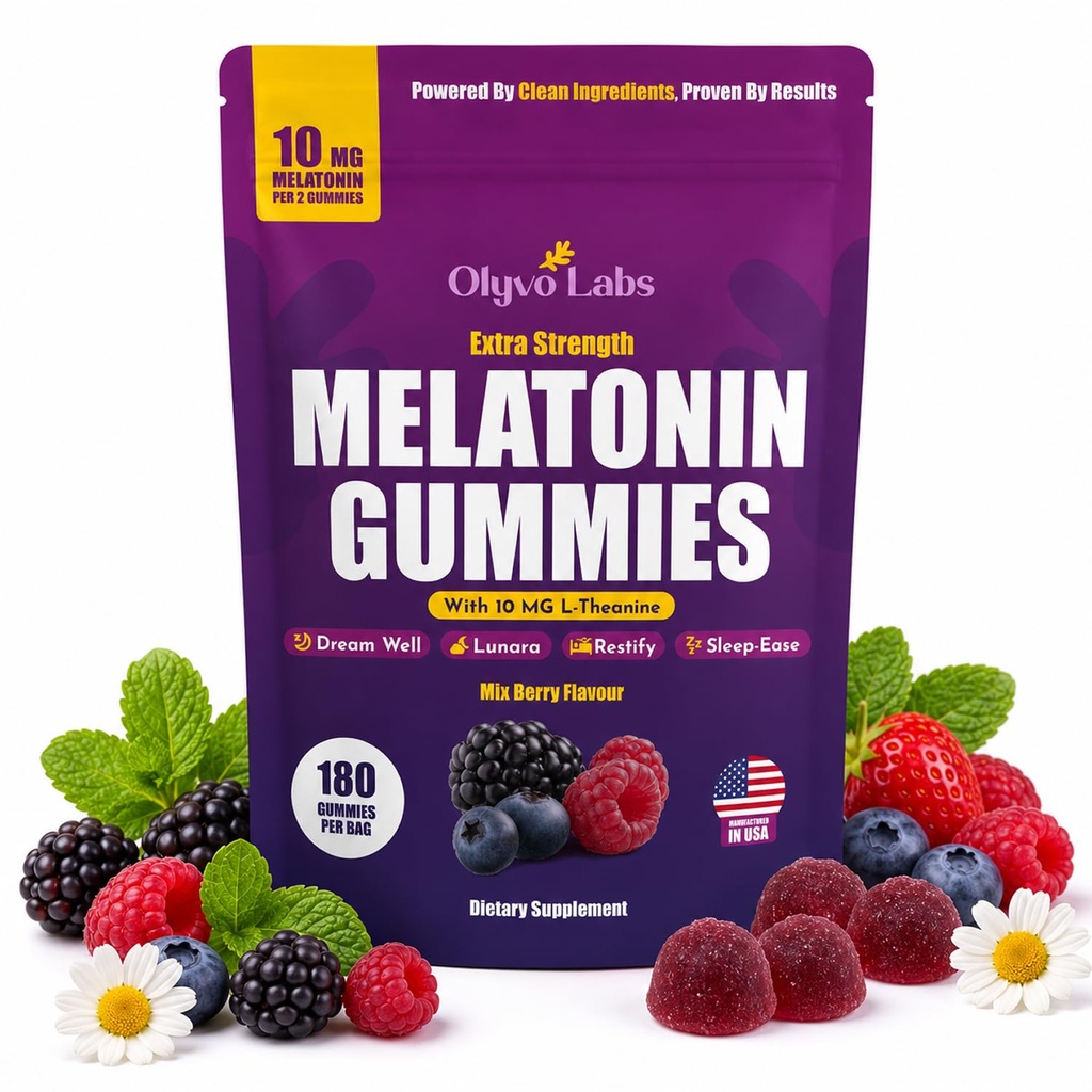 Extra Strength 10 Mg Melatonin Gummies for Adults - Sleep Aid with L-Theanine, Chamomile, Sugar Free, Non-Habit Forming Sleep Gummies, Vegan, Non-GMO - Mixed Berry Flavor (180 Count)
