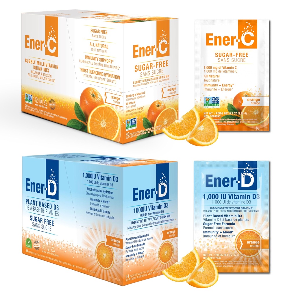 Ener-C Sugar Free Vitamin C 1000mg & Ener D Vitamin D3 Orange Multivitamin Drink Powder Bundle - Real Fruit Juice Natural Energy & Immune Support for Women & Men - Non-GMO - 54 Servings