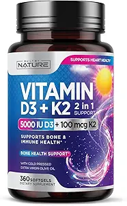 Construit par la nature Vitamine D3 K2 avec l'huile d'olive extra vierge pressée à froid – 5000 UI Vitamine D, 100mcg Vitamine K MK-7 Supplément – Gels doux mini facile à avaler - 1 an d'approvisionnement - 360 Softgels