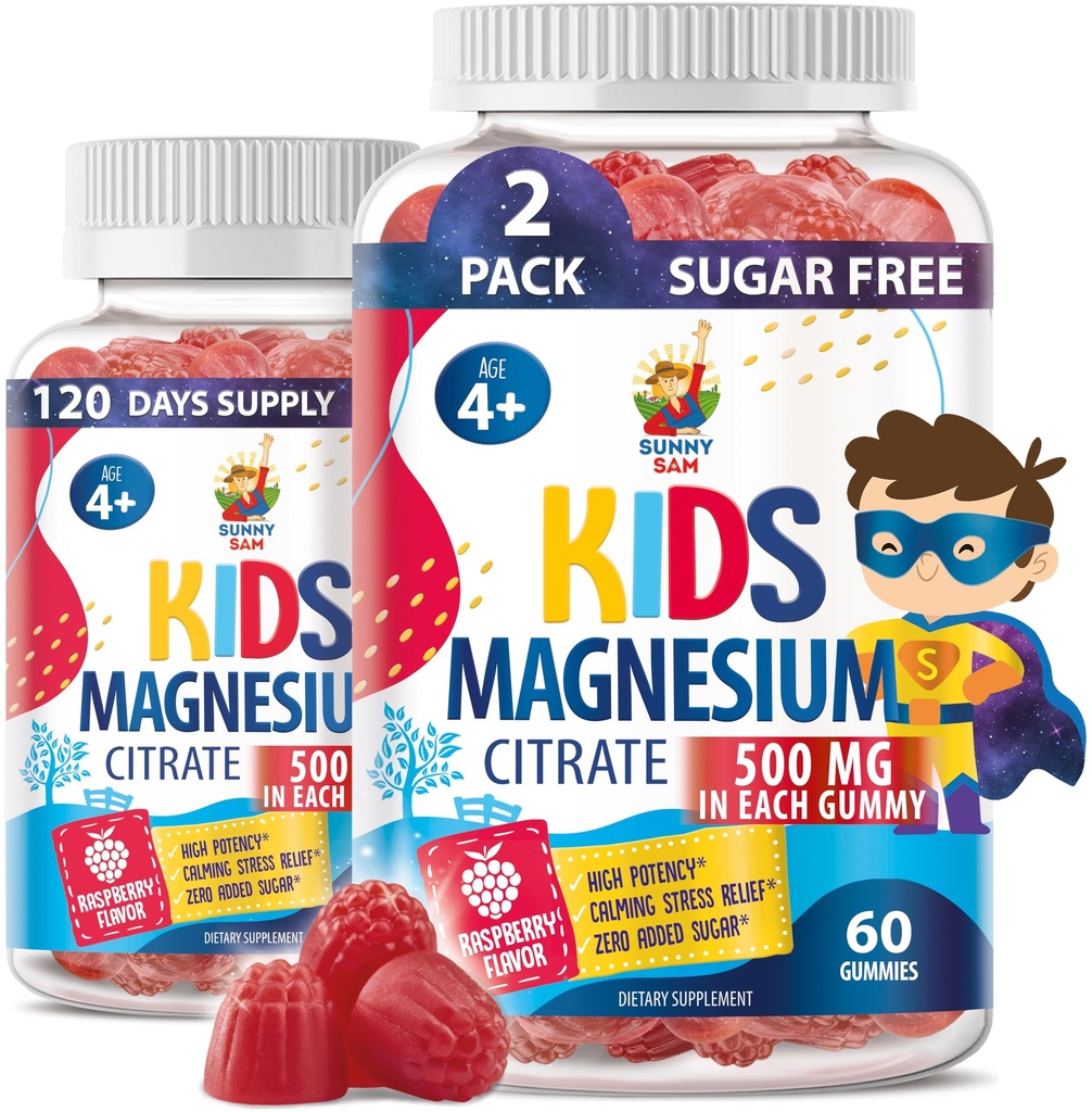 Sugar-Free Magnesium Gummies for Kids & Teens - 500mg Calm Magnesium Citrate Gummies - Kids Magnesium Gummy - Chewable Magnesium Gummy Supplement for Sleep, Mood & Muscle Support - 2Pack