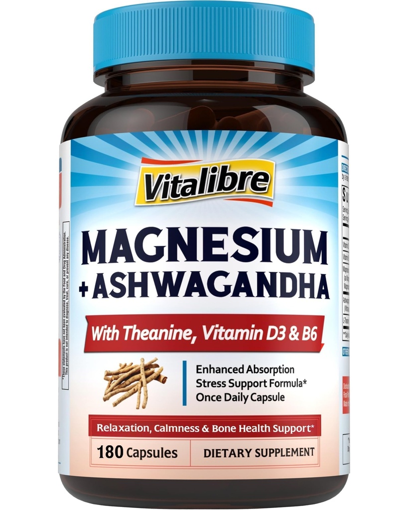 Vitalibre Magnesium Complex with Ashwagandha & L-Theanine - Stress Relief, Bone & Relaxation Support - w/Vitamin D3, B6 - Glycinate, Citrate, Malate, Taurate - 180 Vegan Capsules, Non-GMO, Gluten free