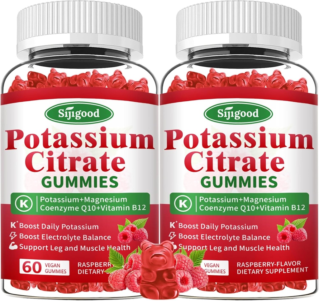 2 Pack Potassium Citrate Gummies – Potassium Supplement for Muscle Health, Leg Cramp Relief & Electrolyte Balance, Vegan, Non-GMO, Gluten-Free, Raspberry Flavor, 120 Count