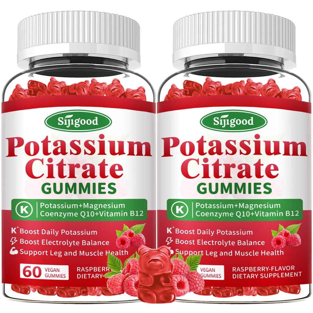 2 paquets de Gummées de Citrate de Potassium – Supplément de Potassium pour la santé musculaire, le soulagement des crampes des jambes et l'équilibre électrolytique, végétalien, non-OGM, sans gluten, parfum de framboise, 120 comte