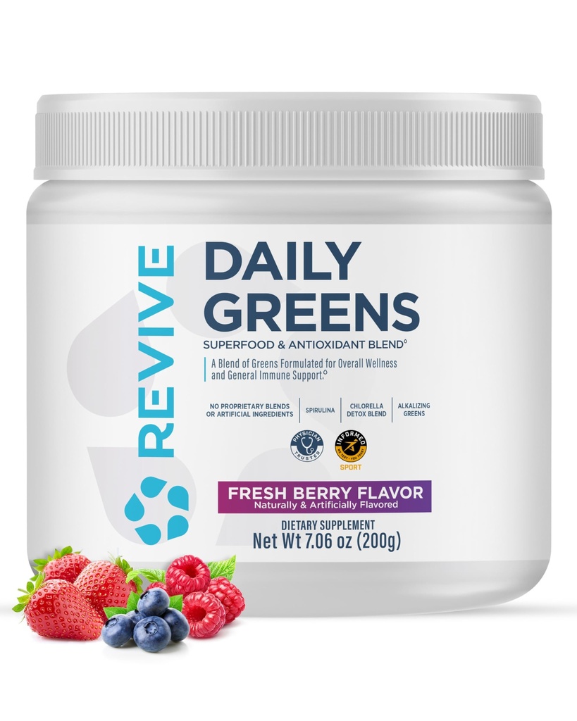 REVIVE MD Daily Green Powder Superfood (Fresh Berry) - Supergreens Poudre pour soutenir les niveaux d'énergie - Jus vert qui améliore l'apport de fibres - Légume soutient la digestion et la santé Gut