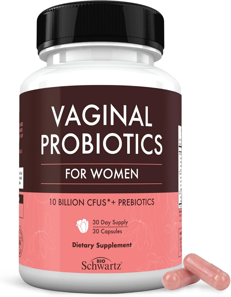 BioSchwartz Probiotiques vaginaux pour les femmes supplément avec les prébiotiques Lactobacillus Crispatus - soutient la santé des femmes en favorisant la santé vaginale Or, Flora, PH équilibre - 30 jours d'approvisionnement, 30 capsules