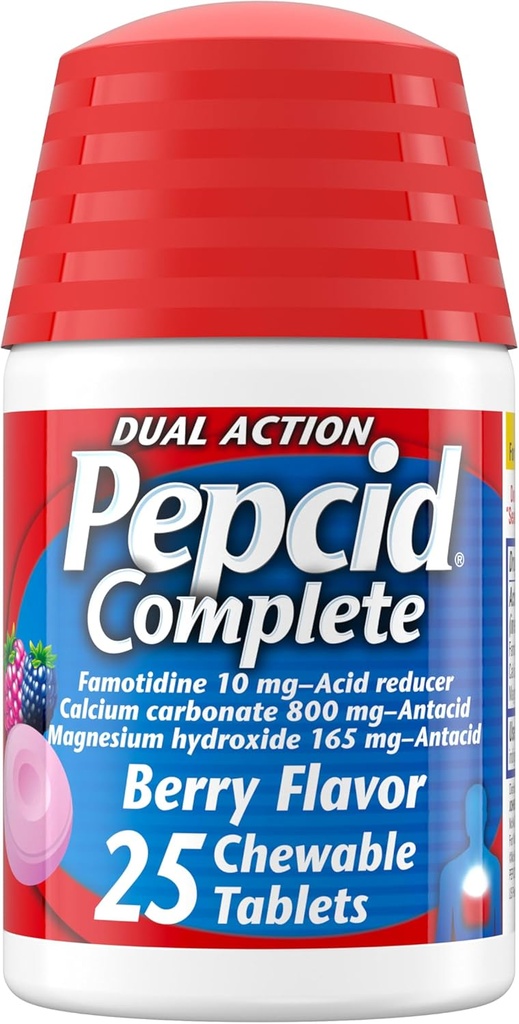 Réducteur d'acide complet Pepcid + antiacide pour le reflux acide, 10mg de famotidine, 800mg de carbonate de calcium et 165mg d'hydroxyde de magnésium par comprimé de médecine des brûlures d'estomac, antiacides, Berry, 25 ct