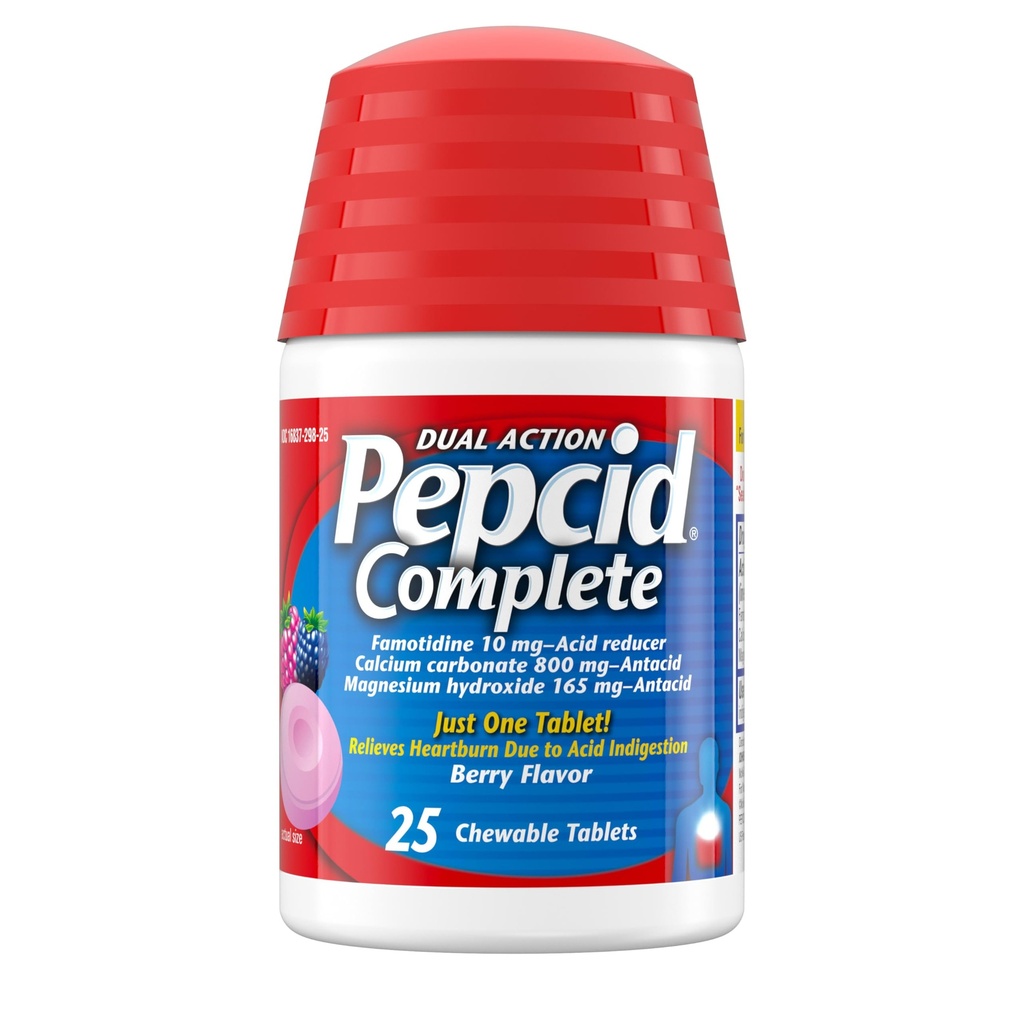 Réducteur d'acide complet Pepcid + antiacide pour le reflux acide, 10mg de famotidine, 800mg de carbonate de calcium et 165mg d'hydroxyde de magnésium par comprimé de médecine des brûlures d'estomac, antiacides, Berry, 25 ct