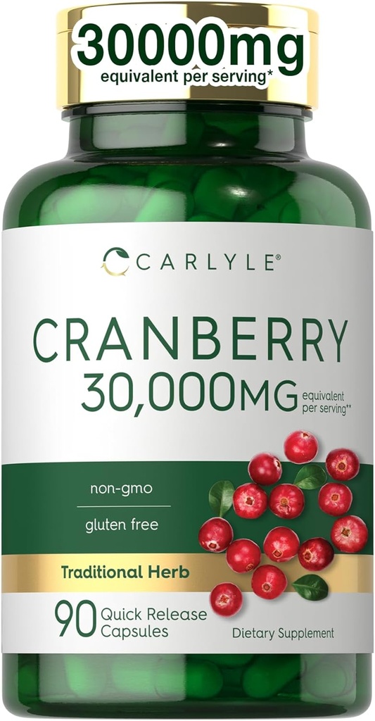 Supplément de canneberge Carlyle $ 30 000mg $ 90 Capsules $ Formule sans OGM et sans gluten $ Pilules de canneberge de l'extrait de concentré