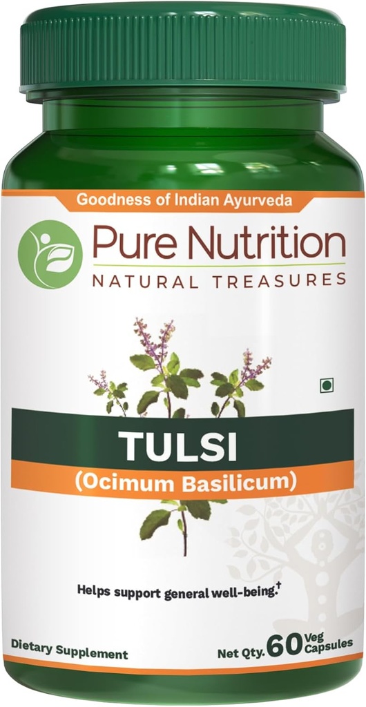 Extrait pur de Nutriton Tulsi 708mg - 60 capsules (Extrait Equiv. à 2585mg Poudre de feuille de basilic) avec Eugénols et acide ursolique.