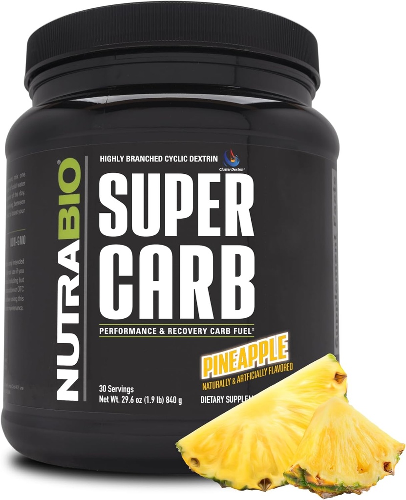 NutraBio Super Carb, Poudre d'hydrate de carbone avec Dextrine à grappes et électrolytes, Poudre de supplément de glucides pour le carburant d'entraînement, la performance et la récupération musculaire, Dextrine cyclique, Ananas, 30 Sv