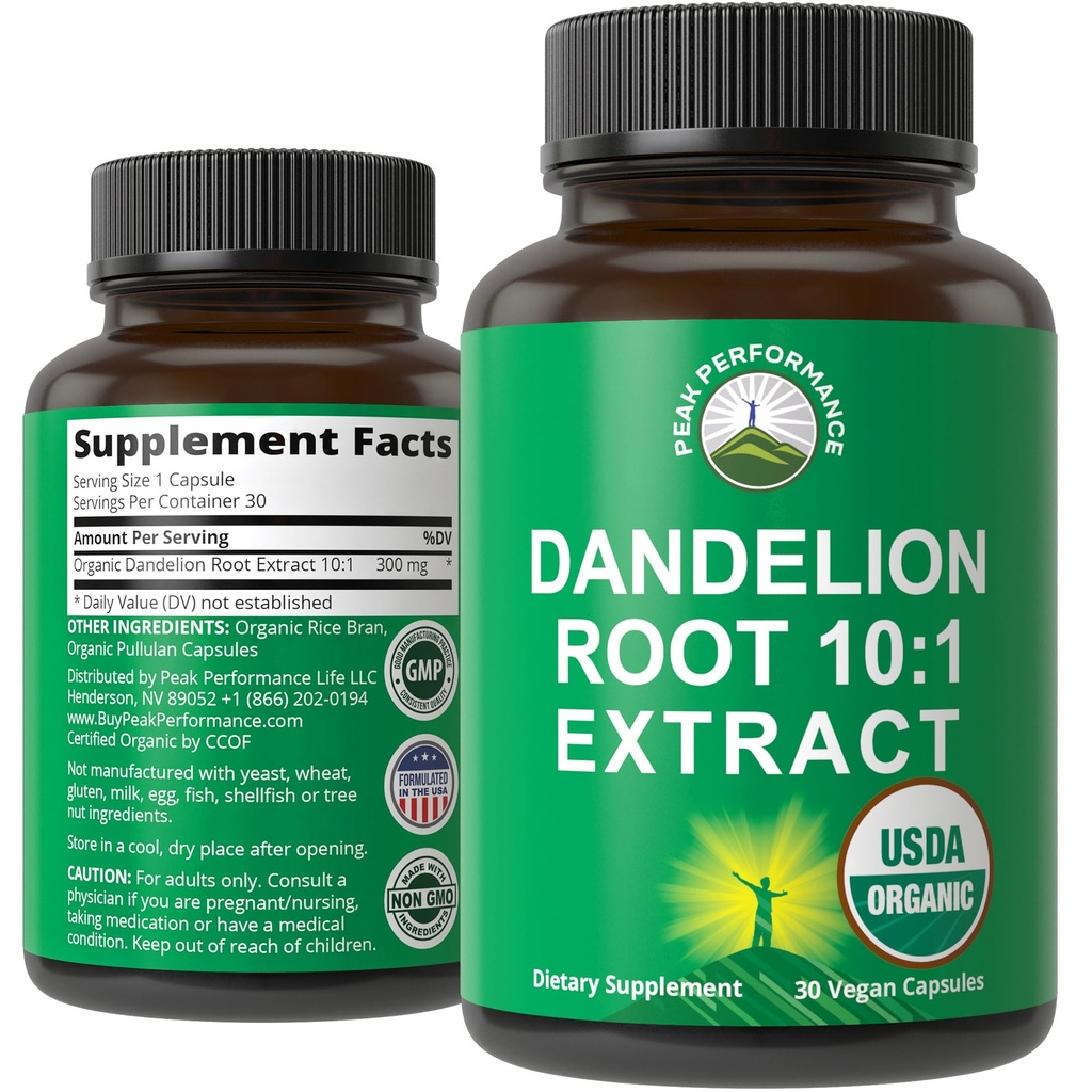 USDA Organic Dandelion Root Extract Supplement - 10x More Potent Than Raw Root. Standardized and Concentrated Vegan Dandelion Root Capsules for Women and Men. Supports Detox, Immune, Liver, Gut Health