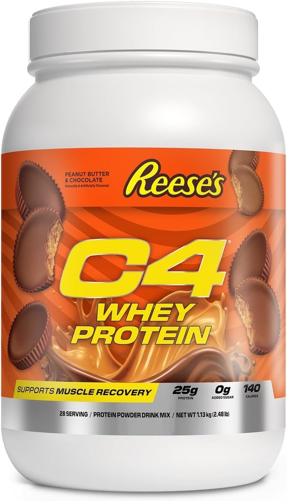 Cellucor C4 poudre de protéines de lactosérum, beurre d'arachide de Reese et chocolat - 25g de protéines, 0g de sucre ajouté, 140 calories par portion, soutient la récupération musculaire, 28 portions, Premium Whey pour post-travail