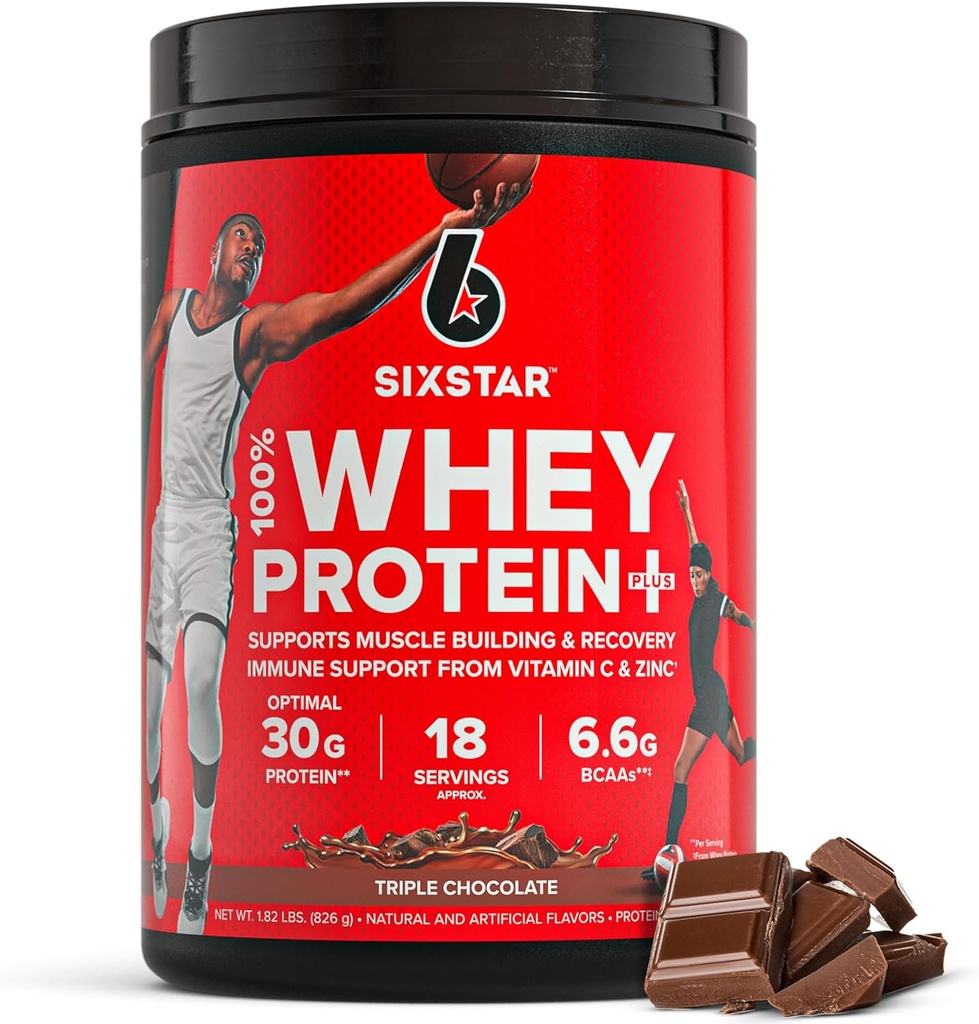 Six Star Whey Protein Powder Plus - Muscle Building & Recovery Formula with Whey Isolate Powder, BCAAs, 30g Protein, Immune Support - Post-Workout Supplement - Triple Chocolate, 1.8 lbs