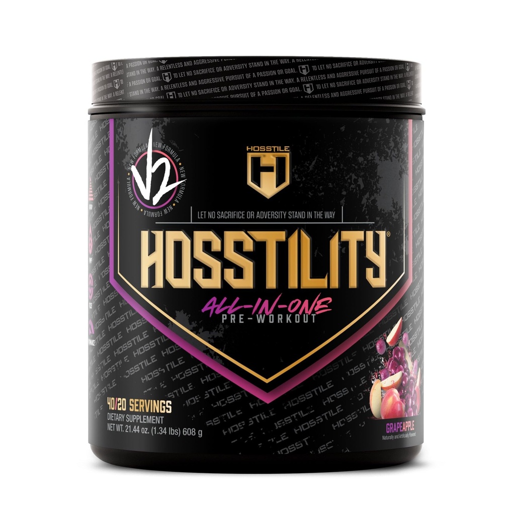 HOSSTILE Hosstility V2 Pre Workout, poudre pré-entraînement tout-en-un pour les hommes et les femmes, améliorer la pompe musculaire, augmenter l'énergie, renforcer la force, aiguiser la concentration, pommes de raisin, 40 portions
