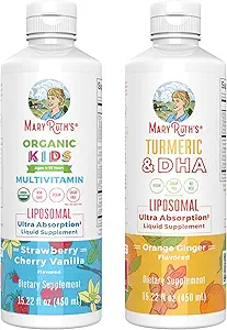 MaryRuth Organics Kids Multivitamin (Strawberry Cherry & Vanilla) & Turmeric & DHA Liposomal (Sweet Ginger)