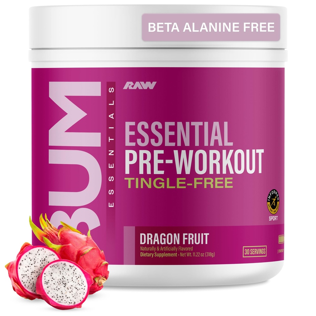 RAW Essential Tingle-Free Pre Workout Powder - Preworkout Without Beta-Alanine for Clean Energy & Focus - Workout Supplement with 200mg of Natural Caffeine - Dragonfruit - 30 Servings
