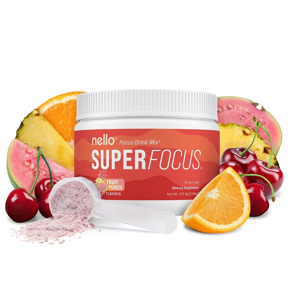 Nello Superfocus – Nootropic Focus Drink Mix for Productivity,L-Theanine, Rhodiola Rosea, Alpha-GPC, Lion’s Mane, Tyrosine, Sugar-Free Packets (30 Servings (No Caffeine),Fruit Punch)