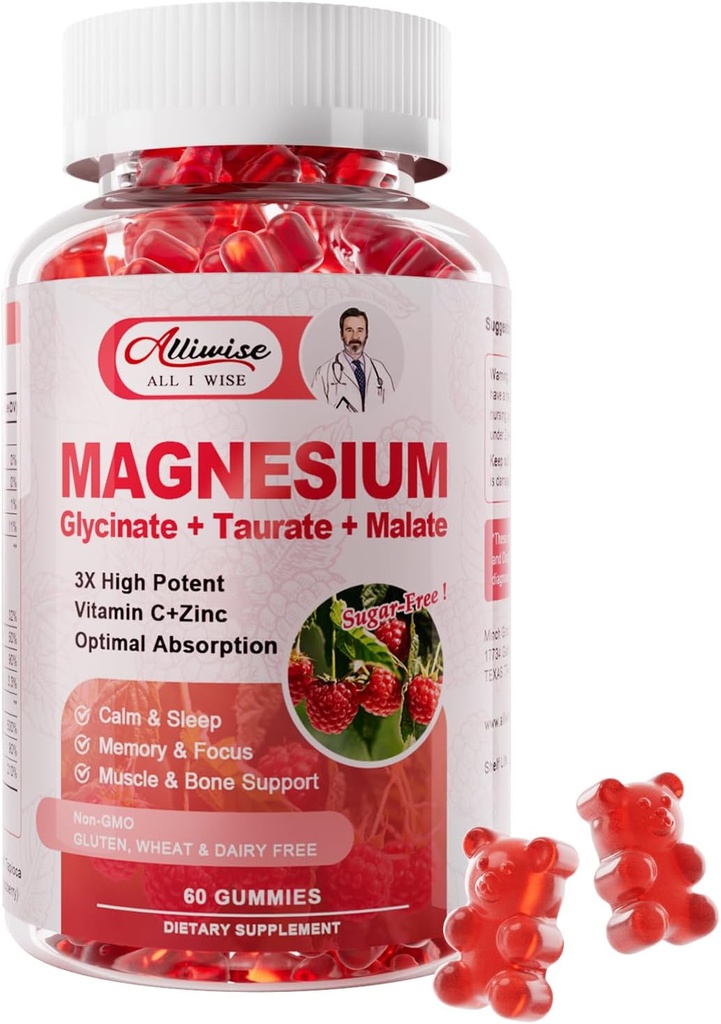 Glycinat de magnésium, supplément potassique de magnésium avec Taurate, Malate, Vitamines D, C, B6, Calcium, Soutien corporel, Gummées de magnésium de framboise pour adultes et enfants