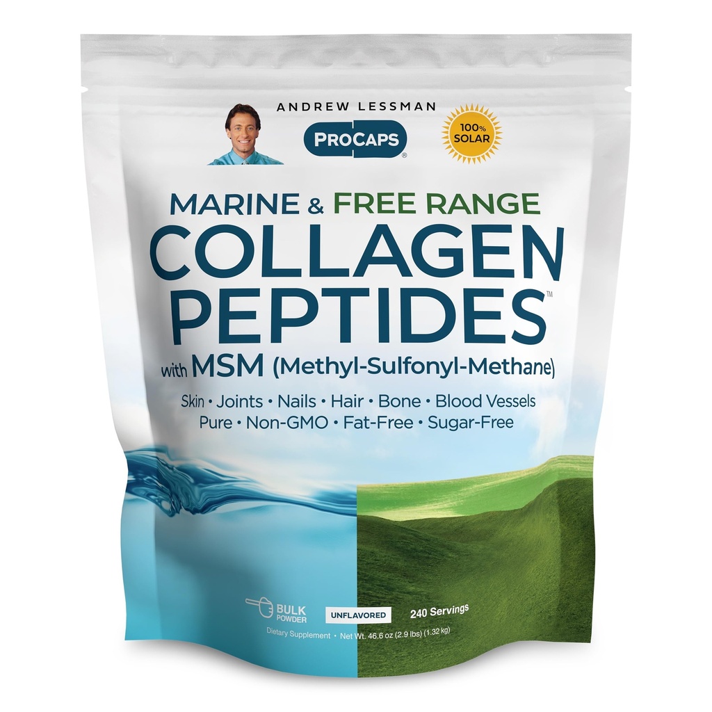 ANDREW LESSMAN Marine, Free Range Collagen Peptides Powder and MSM 240 Servings - Supports Radiant Smooth Soft Skin, Comfortable Joints. Super Soluble No Fishy Flavor No Additives Non-GMO