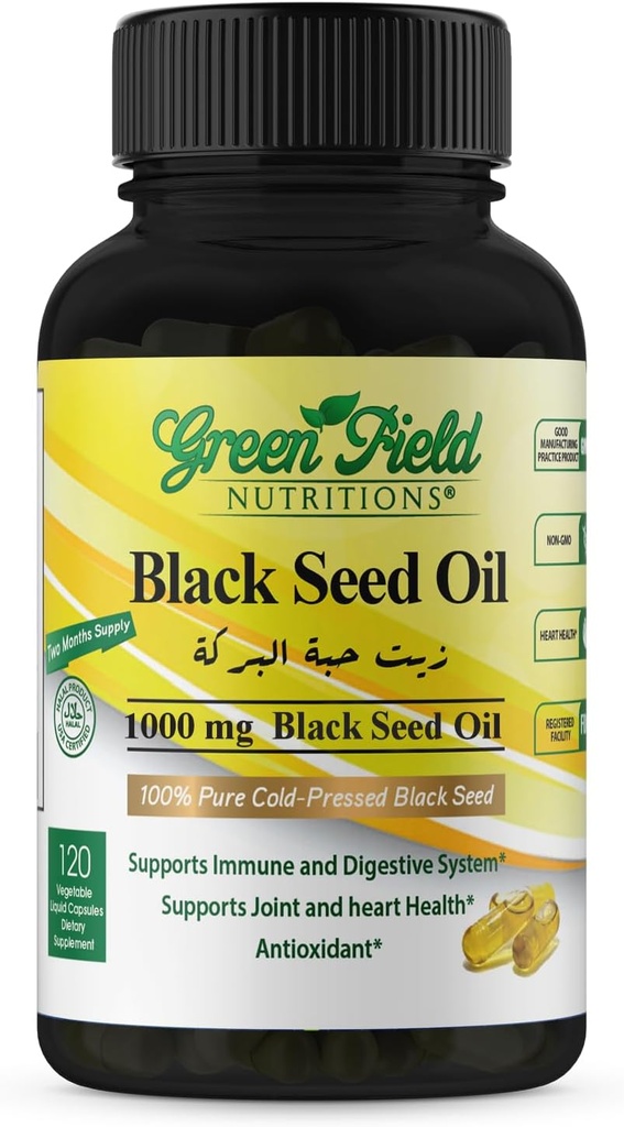 Greenfield Nutritions - Halal Black Seed Oil (Nigella Sativa), système immunitaire de soutien, système digestif et santé des articulations, 90 capsules de légumes liquides