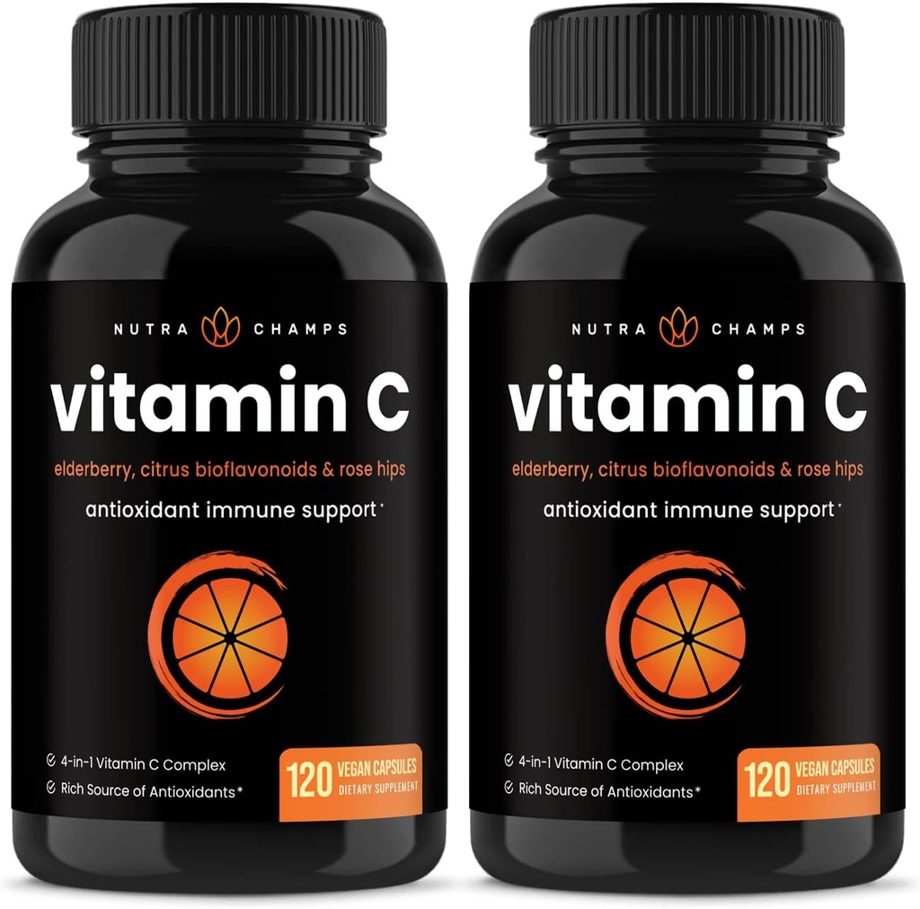 NutraChamps (2 Pack) Vitamine C 1000mg avec Elderberry, Citrus Bioflavonoïdes & Rose HIPS - 120 Capsules Vegan, Supplément anti-OGM pour la santé immunitaire et la production de collagène 500mg pilules en poudre