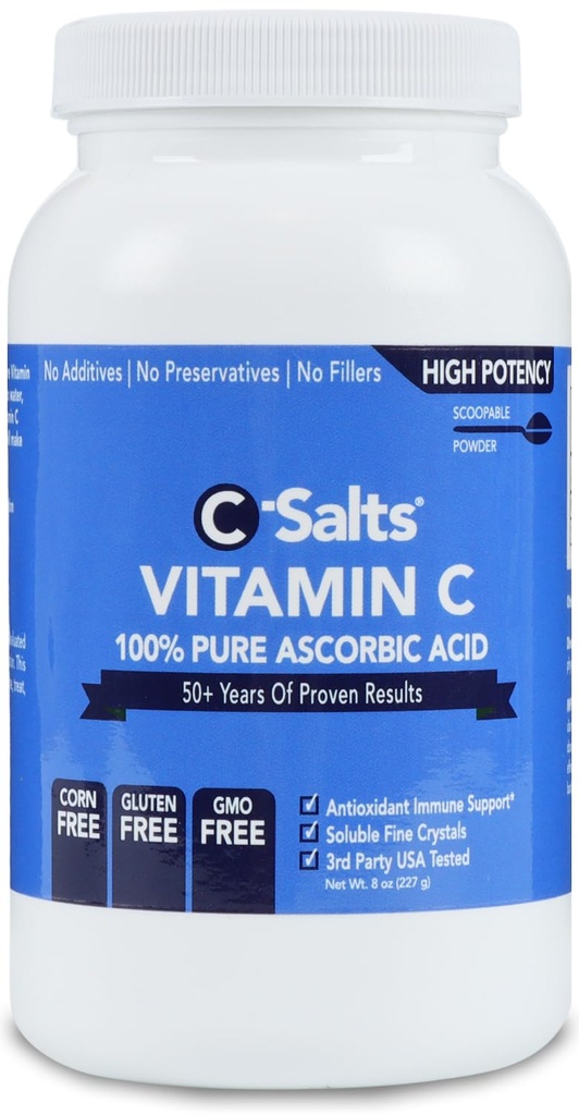C-Salts Ascorbic Acid Powder 1000mg - Pure Vitamin C Supplement for Immune Support and Antioxidant Defense - 100% Pure with No Additives, cGMP Certified, Non-GMO, 8oz