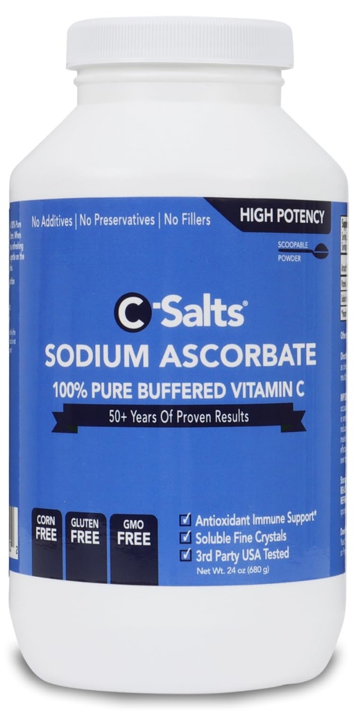 C-Salts Pure Sodium Ascorbate Vitamin C Powder - Non-Acidic Sugar-Free Buffered Powdered Drink for Hydration & Immune Support - Antioxidant for Overall Wellness - Perfect for Drinks or Recipes - 24 oz