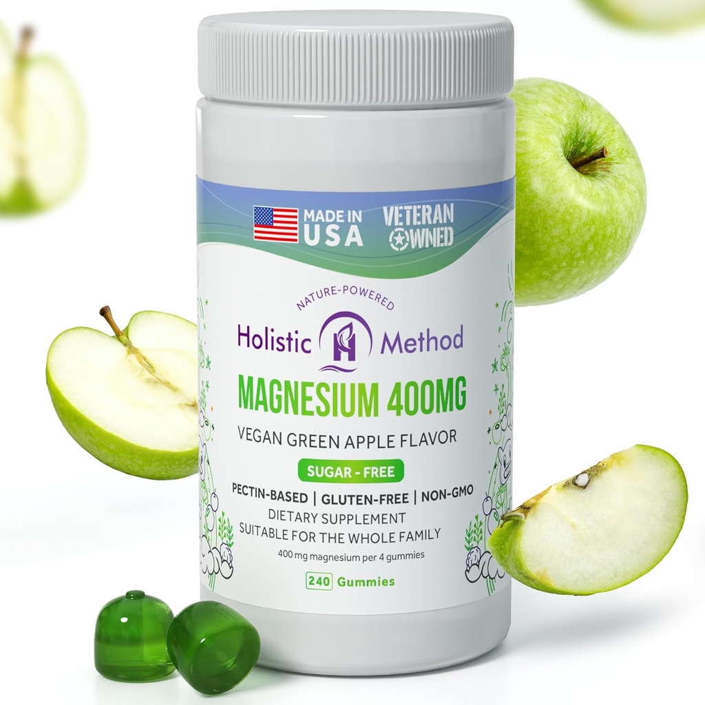 Gommies de citrate de magnésium - Sans sucre, végétalien et non-OGM pour mieux dormir et se détendre - Pas d'alcool sucre - Supplément de magnésium pour adultes, adolescents et enfants - pomme verte - 240 Chews