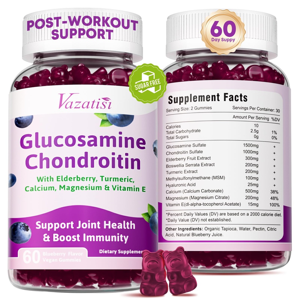 2 Pack Glucosamine Chondritine Gummies - Glucosamine Chondritine avec MSM, Elderberry, Turmeric, Supplément de soutien conjoint pour adultes, hommes et femmes - Blueberry Flavor, 120 Cts