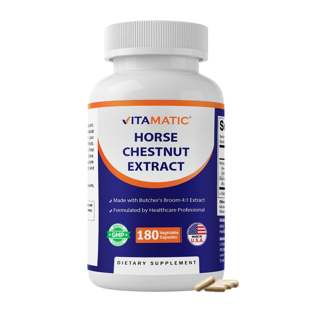 Vitamatic Horse Chestnut Extract 700 mg (Standardized 20% Aescin) with Butcher’s Broom 4:1 Extract 300 mg 180 Capsules, Circulation & Vein Support, Non-GMO, Gluten Free, Made in USA
