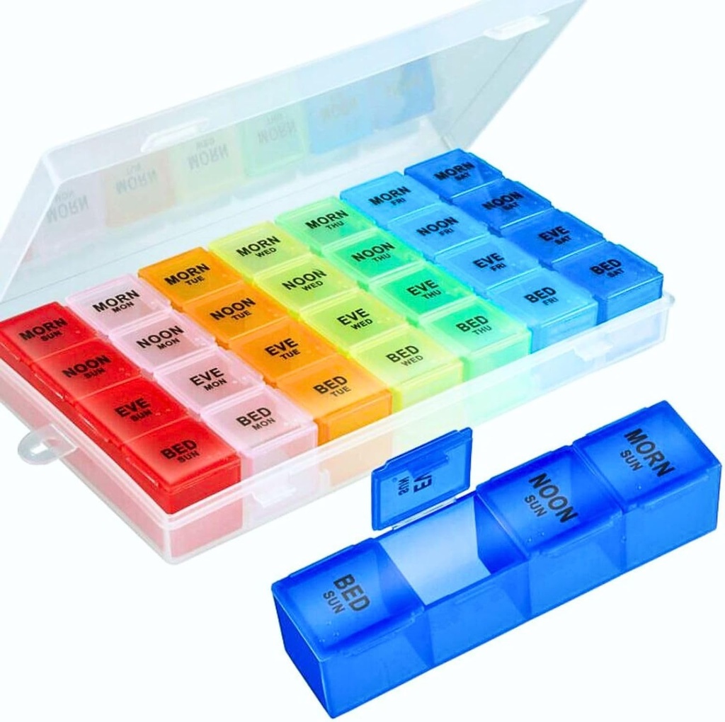 Organisateur de pilules 4 fois par jour,Prémium Weekly Pill Case Medicine Organisateur Box 7 Jours 28 Compartiment pour tenir les vitamines Organisateur Box