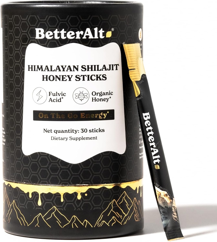 Better Alt Pure Himalayan Shilajit Sticks avec du miel biologique, Safran. Facile à consommer Shilajit. 30 Sticks pour stimuler l'énergie et le soutien immunitaire, 85+ Trace Minerals, 75%+ Acid Fulvic