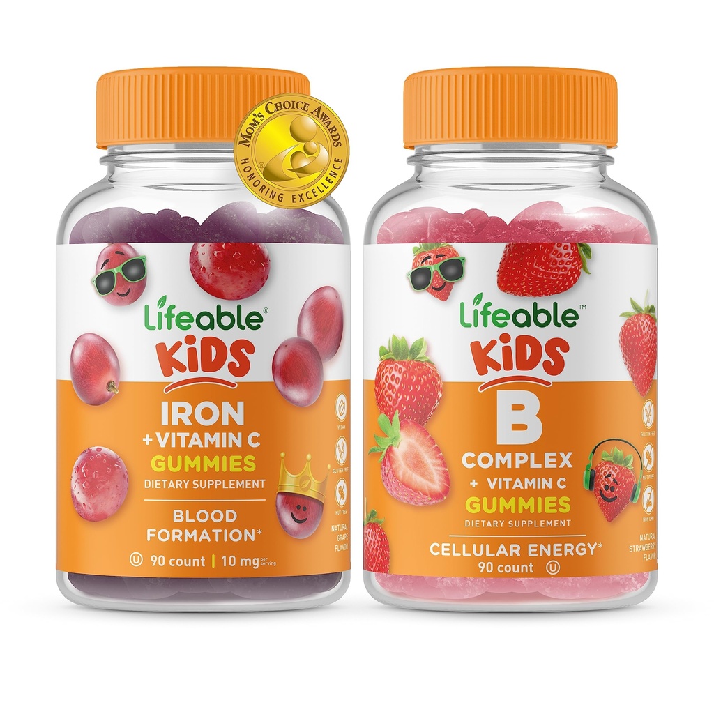 Fer et vitamine C Lifeable Kids + B Complex Kids, Gommies Bundle - Grande dégustation, supplément de vitamine, sans gluten, sans OGM, gommy à croquer