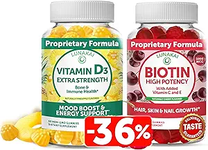 Lunakai Biotine et vitamine D3 Gommies Bundle - Peau de cheveux et ongles Gommies de croissance avec vitamine C et E - Immunity, Bone and Mood Support Supplément - 30 jours d'approvisionnement