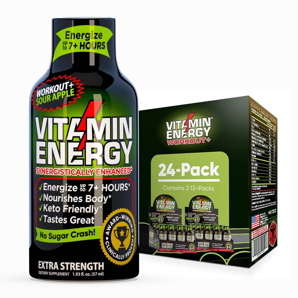 Vitamine Energy Workout+ Extra Strength Energy Shot Sour Apple 24 Pack, 260mg Caféine naturelle, Pré-entraînement, B-Vitamines, Minéraux, Endurance et Performance, Zéro Sucre, Sans gluten, Vegan, 1.93 fl oz