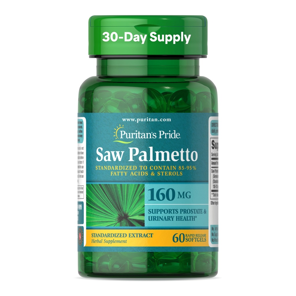 Puritan's Pride Saw Palmetto Extract 160mg, supplément alimentaire traditionnel à base de plantes pour hommes Prostate et soutien de santé urinaire, 60 capsules à libération rapide