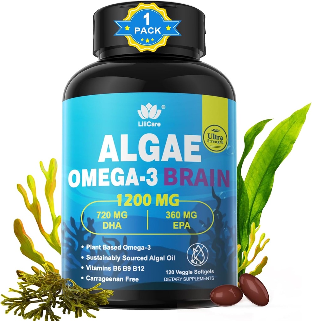 Omega 3 Fish Oil Softgels with DHA 720mg EPA 360mg, Vegan Algae Science 2:1 Ratio for Brain Eye, Plant Based Sustainably Sourced Omega 3 Supplement, Fish Oil Alternative 1200mg, No Fish Taste, 120Cts